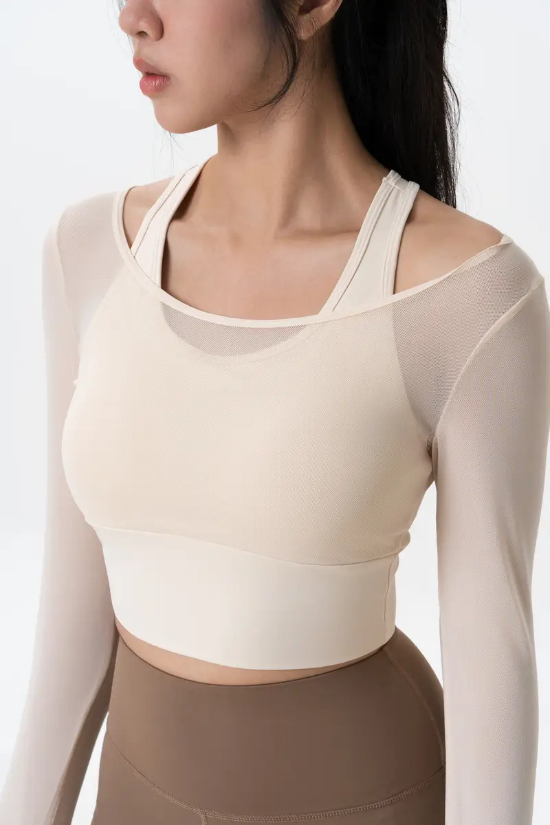 Yoga Long-Sleeve Mesh Crop Top with Built-In Bra