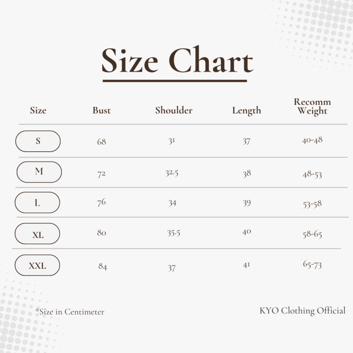 YG Long Sleeve size chart